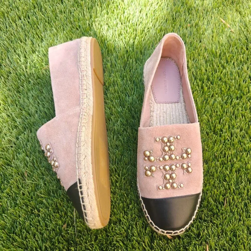 NEW TORY BURCH Pearl Logo Suede Espadrille In Pink